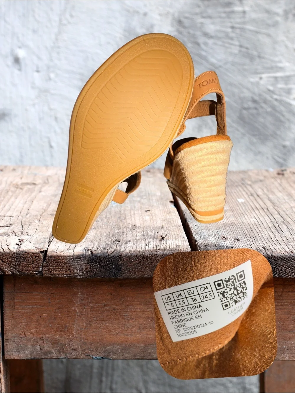 NWOT TOMS Madelyn Leather Espadrille Wedge Sandals Tan Size 7.5